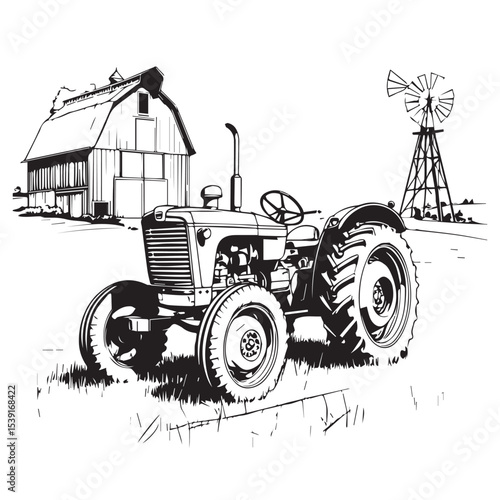 Vintage tractor in black and white farm scene