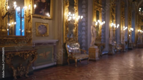Luxurious indoor scene at galleria doria pamphilj with ornate gold decor, elegant statues, and dim candle-like lights creating a warm, inviting atmosphere, showcasing rich italian heritage.