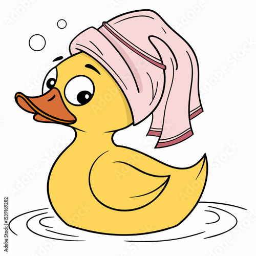 Yellow rubber duck with pink towel on its head – Cute bath time concept



