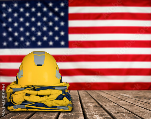 Protective yellow helmet and uniform placed on wooden surface against the background of the United States flag. Stock photo.