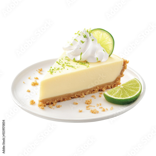 Refreshing Key Lime Pie Slice with Whipped Cream and Lime Garnish on a White Plate on transparent background
