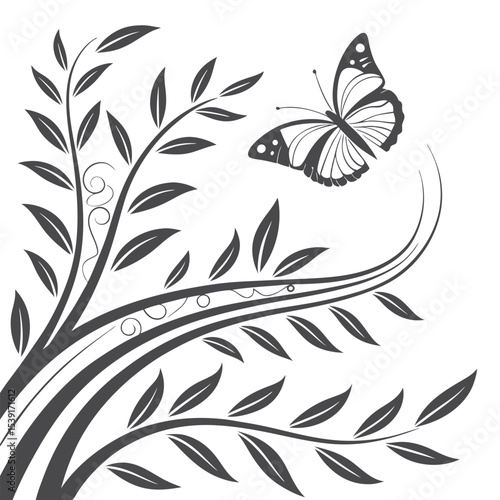 Gray Scale Butterfly Flying Near Elegant Dark Gray Leafy Branch Design grayscale