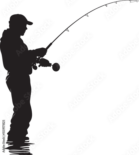 A stylized silhouette of a person fishing, casting a rod against a plain white background.