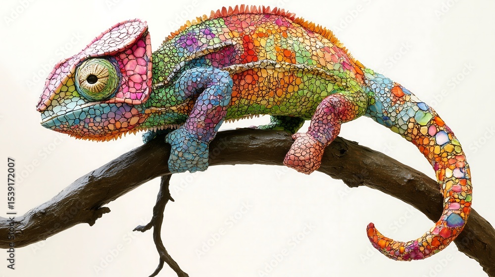 Fototapeta premium A colorful chameleon sculpture perched on a branch, showcasing vibrant hues and intricate textures.