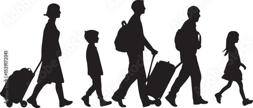 A silhouette of a family walking, carrying luggage, likely on an airport walkway or similar travel setting.