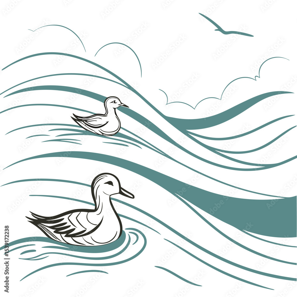 Fototapeta premium Two Ducks Swimming on Teal Wavy Ocean Waves with a Bird Flying Above water