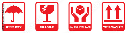 Shipping handling symbols fragile keep dry handle with care packaging safety information guide labels on white background. Keep dry, fragile, handle with care symbol collection. Shipping symbols