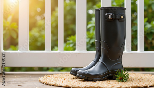 Black rubber boots standing on a natural mat in garden setting  
