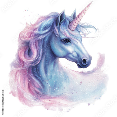 Majestic Blue Unicorn with Flowing Mane in Ethereal Swirls of Color on transparent background