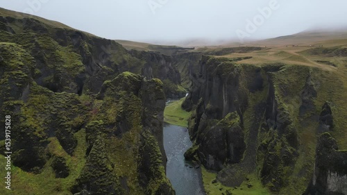 Epic Aerial of Fjadrargljufur Canyon Iceland