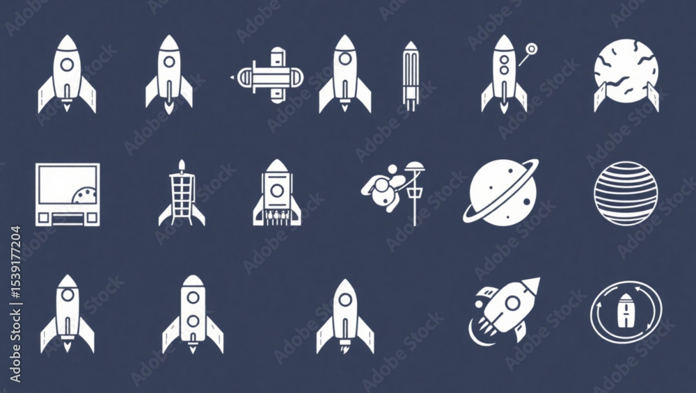 Collection of white space exploration icons featuring rockets planets and space station designs on dark background created with generated ai Collection of white space exploration icons featuring rockets planets and space station designs on dark background created with generated ai
