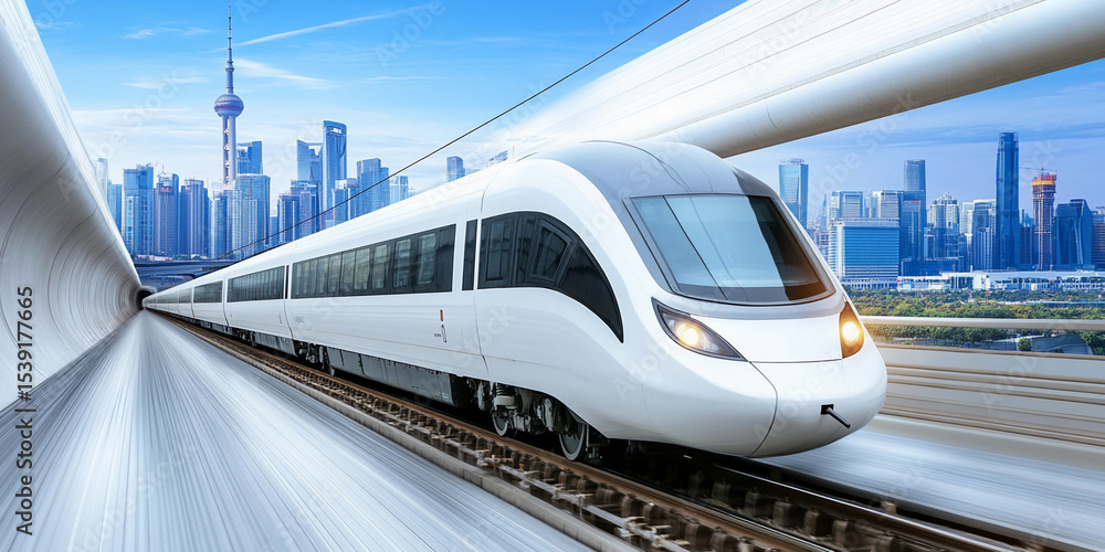 Naklejka premium High-speed white train racing through modern city landscape Generative AI