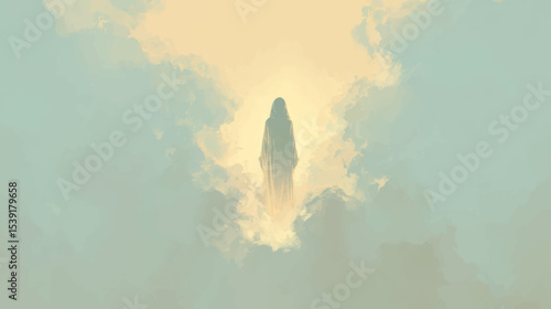 Peaceful silhouette of Virgin Mary ascending through clouds for Assumption of Mary holy celebration vector