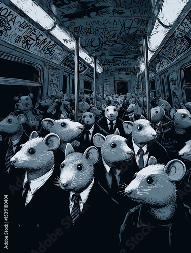 Crowded subway car filled with anthropomorphic rats in suits. A surreal metaphor for conformity, urban life, and the rat race. Great for editorial use.