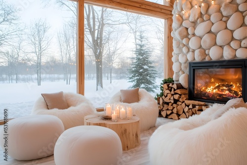 Cozy winter cabin living room with stone fireplace and sheepskin chairs, Floor to ceiling windows overlooking snowy forest, Stack of firewood beside candlelit wooden coffee table, Hygge retreat ambian