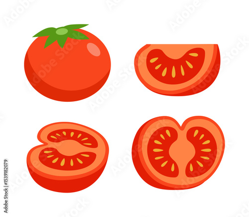 Illustration of Whole and Sliced Tomatoes in Flat Vector Style for Food Presentation