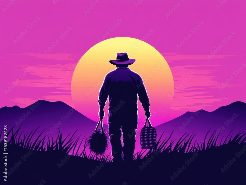Fototapeta premium Silhouette of a farmer walking at sunset