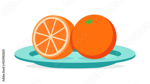 Two fresh oranges, one sliced in half, displayed on a light blue plate in vector style