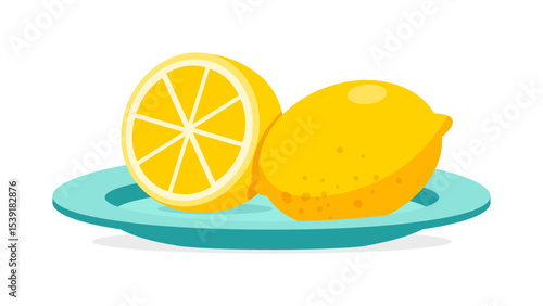 Two lemons on a blue plate, one sliced and one whole in simple illustration style