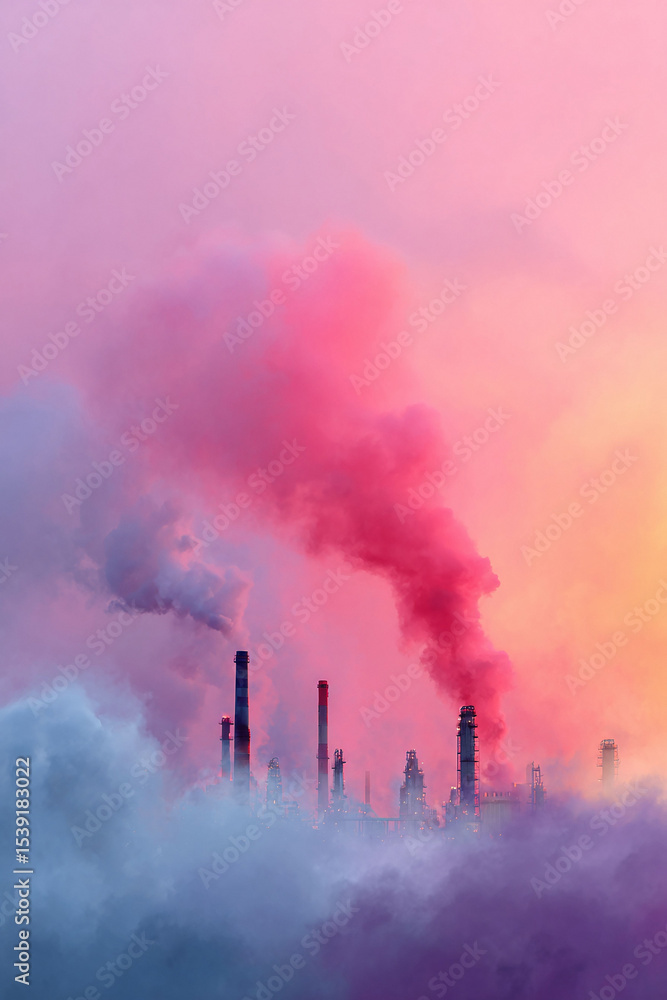Obraz premium Atmospheric image of an industrial plant at dusk with pink tinted smoke rising. Evokes themes of environment, pollution, energy production, industry. Great for illustrating environmental issues.