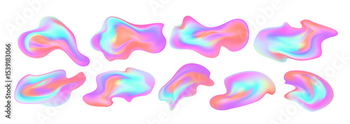 Abstract Gradient Fluid Shapes Set in Vibrant Multicolor Palette. Vivid flowing holographic shapes in pastel tones creating vibrant abstract compositions.