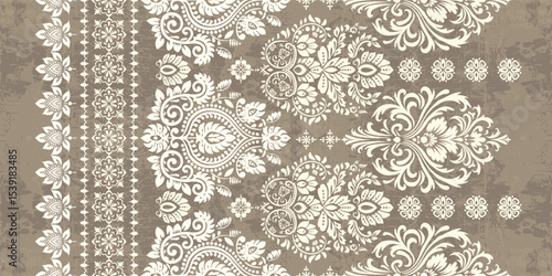floral pattern vintage ethnic modern embroidery texture boho design vector illustration hand drawn pink flower motif branches leaves wallpaper seamless background border.