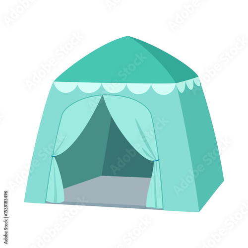 Illustration of a blue kids play tent with curtains and scallop trim