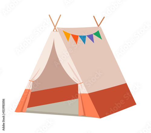 Illustration of a beige teepee tent with a colorful garland on a white background