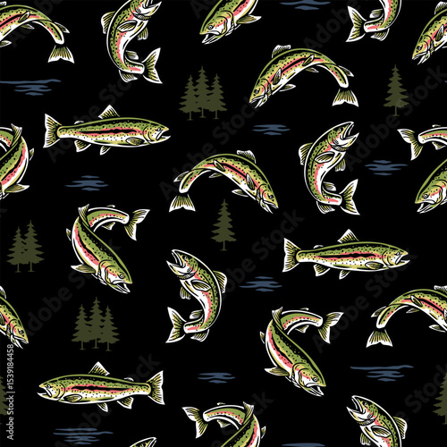 Fishing Seamless Repeat Pattern. Rainbow Trout and Pine Trees Seamless Pattern Design. Vector Fishing Seamless Pattern	