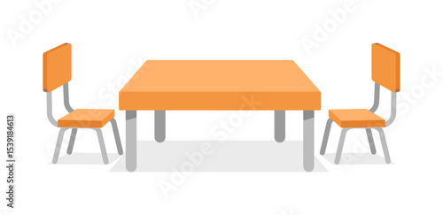 Orange table with two chairs, minimalist flat design, on white background, furniture arrangement