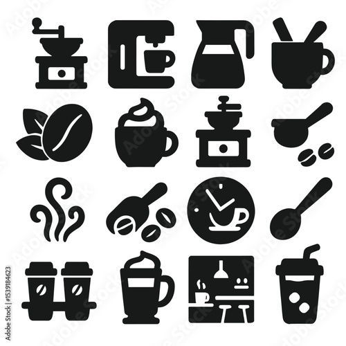 Coffee Icons Collection. Solid style icons of coffee silhouette: coffee bean grinder, single-serve machine, drip carafe, espresso