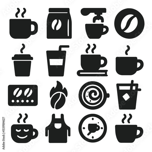 Coffee Icon Collection. Solid style icons of coffee silhouette: hot brew in mug, paper coffee bag, espresso pouring shot, bean in