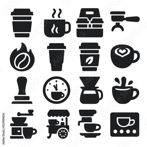 Solid Coffee Icons. Solid style icons of coffee silhouette: to-go cup with sleeve and lid, mug with heatwave icon, takeaway
