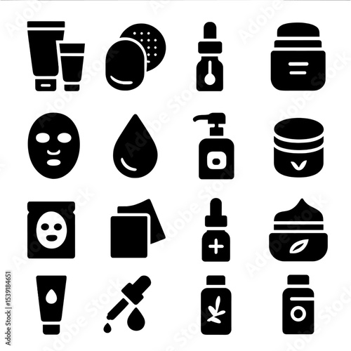 Facial Skincare Icons. Solid style icons of facial skincare routine: dual cleanser combo, soothing toner pad, repair serum icon,
