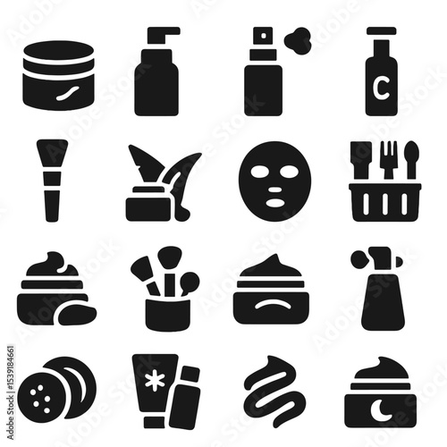 Facial Skincare Icons. Solid style icons of facial skincare routine: cleansing balm pot, foaming wash silhouette, balancing toner