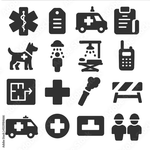 Emergency Services Icons. Solid style icons of emergency services: paramedic star of life, emergency triage tag, mobile emergency