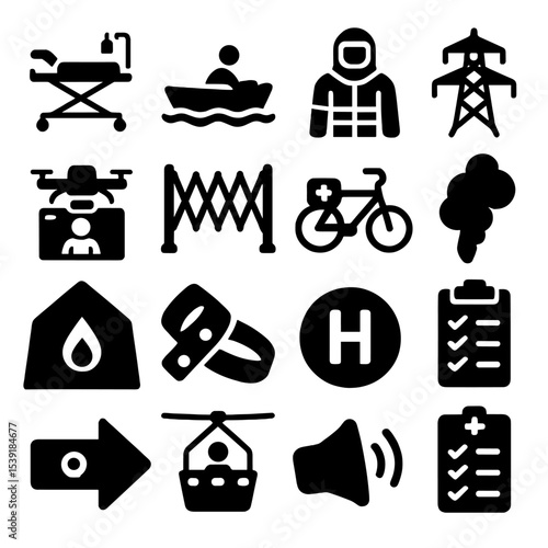 Emergency Service Icons. Solid style icons of emergency services: paramedic stretcher with IV pole, floodwater boat, fireproof