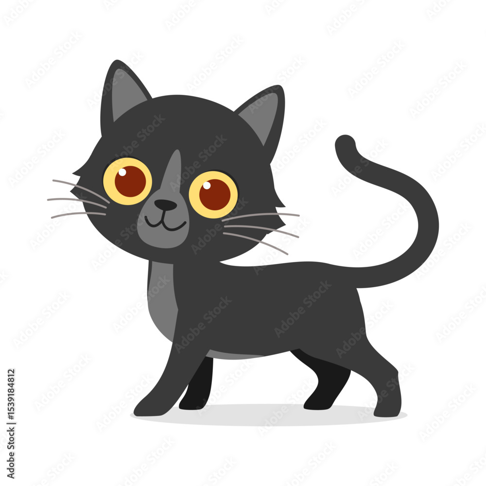 Cute Cartoon Black Cat Standing and Looking Forward with a Curious Expression on White Background Cute Cartoon Black Cat Standing and Looking Forward with a Curious Expression on White Background