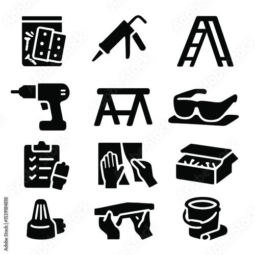 DIY Home Improvement Icons. Solid style icons of DIY home improvement: hinges and screws pack, wall anchor tool, painting ladder