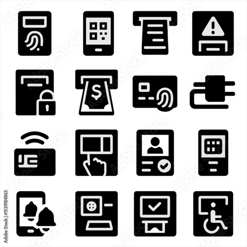 ATM Icon Set. Solid style icons of ATM and banking: biometric ATM scanner, mobile banking QR code, ATM with check slot, ATM status