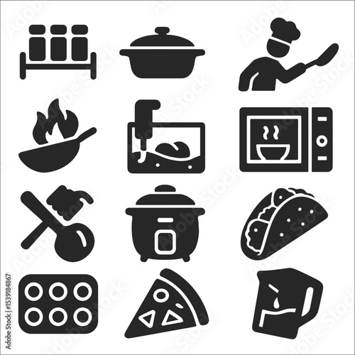 Culinary Icons Collection. Solid style icons of culinary: spice rack icon, casserole dish with lid, food plating icon, chef