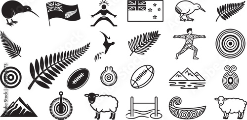 New Zealand Culture Icons Featuring Kiwi Bird, Rugby, and Maori Symbols.