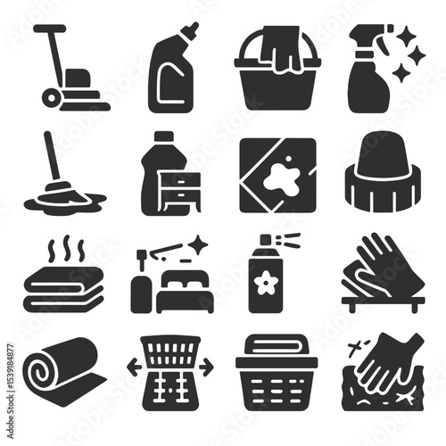 Home Cleaning Icons. Solid style icons of home cleaning: floor buffer machine, toilet cleaner bottle with angled spout, cloth