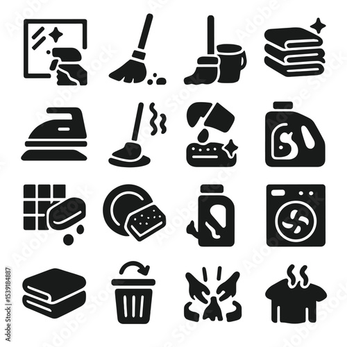 Solid Home Cleaning Icons. Solid style icons of home cleaning: hand spraying mirror cleaner, dustpan with swept dirt, mop wringer