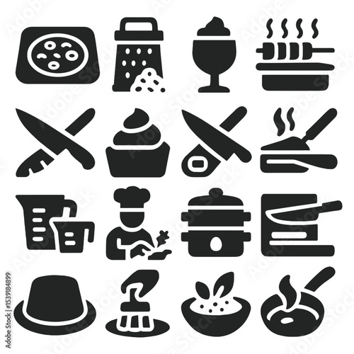 Culinary Icons Collection. Solid style icons of culinary: pizza oven tray, grater with shredded cheese, mousse in glass, skewers
