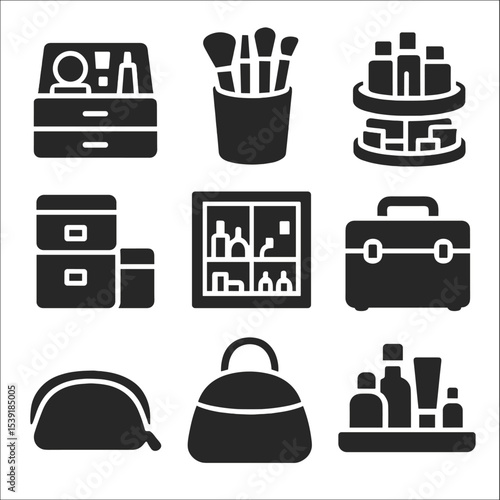 Makeup Storage Icons. Solid style icons of makeup storage: drawer organizer, brush holder, rotating tray, stackable bins, beauty
