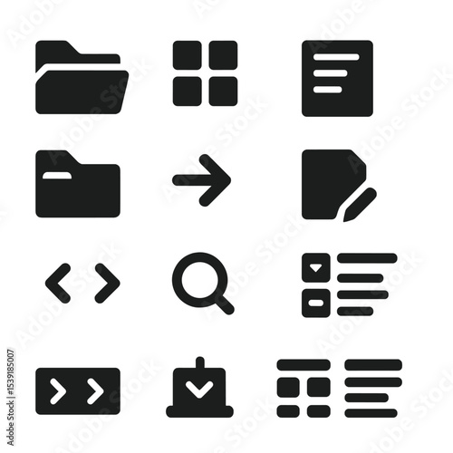 File Explorer Icons. Solid style icons of file explorer interface: sidebar folders, file grid, file list, toolbar icons, path bar,