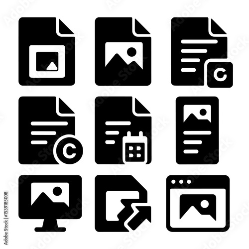 File Metadata Icons. Solid style icons of file preview and details: thumbnail icon, preview image, file metadata, file size, file