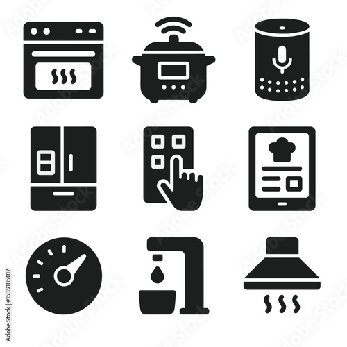 Smart Kitchen Technology Icons. Solid style icons of smart kitchen tech: smart oven, Wi-Fi multicooker, voice assistant, smart