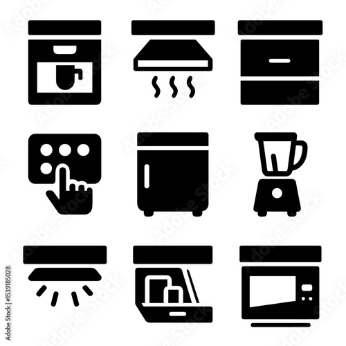 Under-Cabinet Appliance Icons. Solid style icons of under-cabinet appliances: built-in coffee maker, concealed hood, dish warmer,
